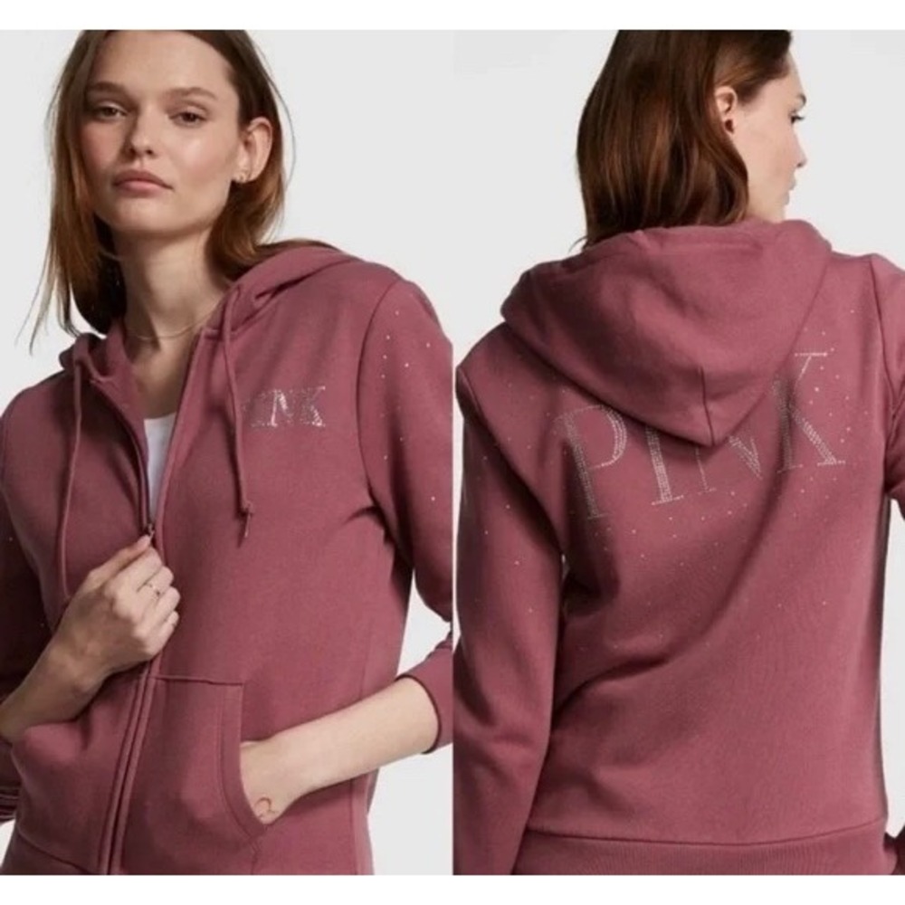 PINK Victoria's Secret Zip Up Hoodie Rhinestone Logo Maroon Size M